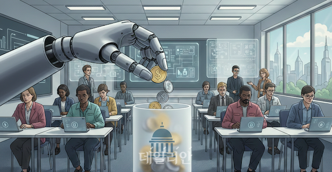 로봇 도입으로 발생한 초과 이윤의 일부를 공공 재원으로 환원해 재교육과 전직 지원에 활용하는 ‘로봇세’ 구상을 상징적으로 표현한 이미지. ⓒ제미나이