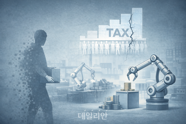자동화 확산으로 인간 노동이 축소되면서, 노동소득 중심의 조세 구조가 균열을 맞는 현실을 상징적으로 표현한 이미지. ⓒ챗지피티
