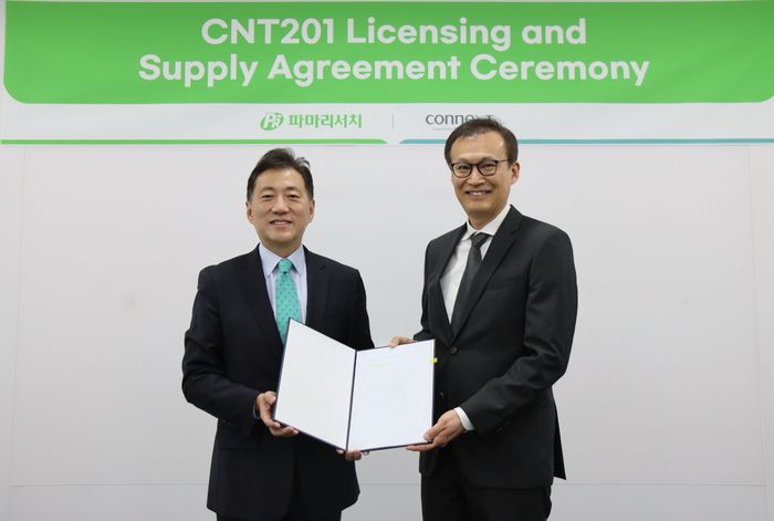 손지훈 파마리서치 대표(왼쪽)와 이우종 코넥스트 대표가 CNT201 라이선스 인 계약 체결을 기념해 사진을 촬영하고 있다. ⓒ파마리서치