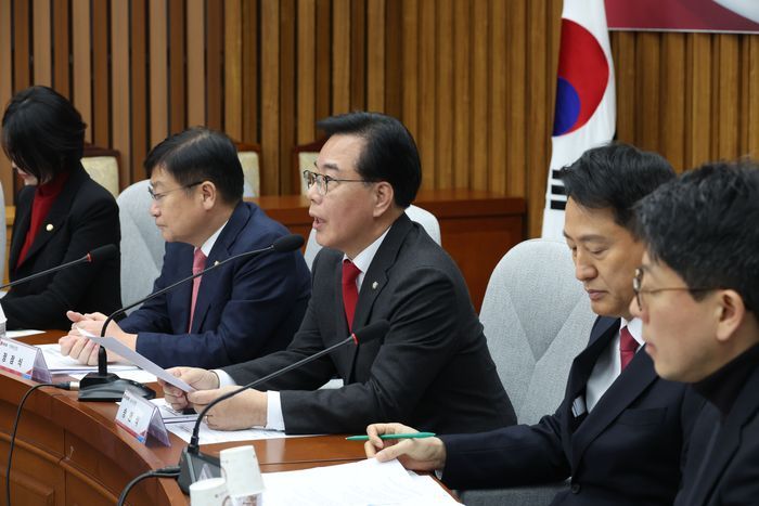 송언석 국민의힘 원내대표가 2일 오전 서울 여의도 국회에서 열린 국민의힘-서울시 부동산정책협의회에서 발언을 하고 있다. ⓒ뉴시스