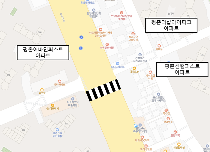 경수대로 횡단보도 설치 위치도. ⓒ 안양시 제공