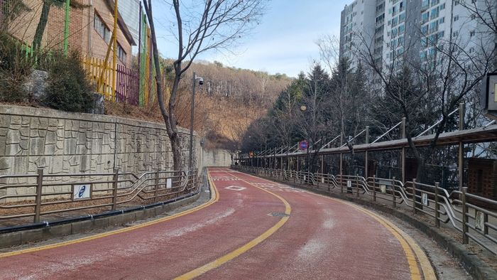 용인 수지구 성복초·중학교 진입도로에 자동염수분사장치가 가동된 모습. ⓒ용인시 제공