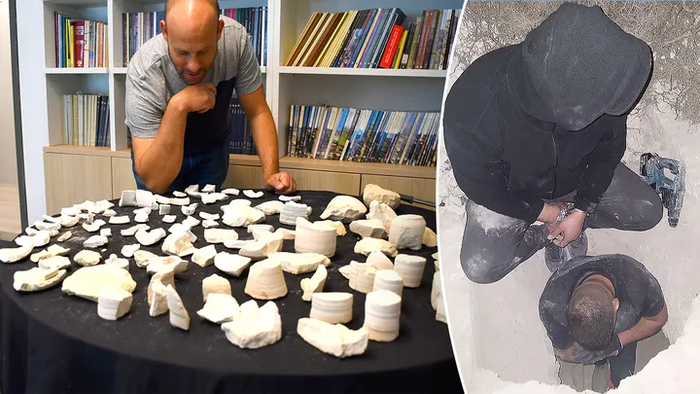 이스라엘 고대유물관리국이 도굴범(오른쪽)을 추적하다 발견한 2000년 전 석기. 사진=이스라엘 고대유물관리국(IAA)