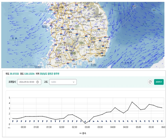 재현 바람장 제공 예시. 자료 제공 : 기상청