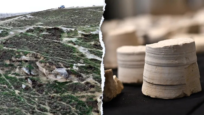 이스라엘 고대유물관리국이 도굴범(오른쪽)을 추적하다 발견한 2000년 전 석기. 사진=이스라엘 고대유물관리국(IAA)