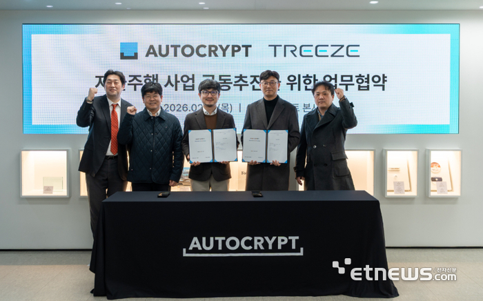 김덕수 아우토크립트 대표(왼쪽 세 번째)가 19일 서울 여의도 아우토크립트 본사에서 손성효 트리즈 대표(왼쪽 네 번째)와 업무협약식을 마친 후 기념촬영을 하고 있다.