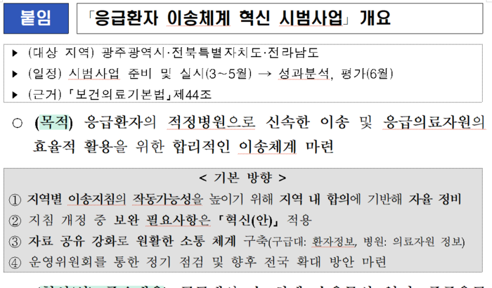 응급환자 이송체계 혁신 시범사업 개요(자료=보건복지부)