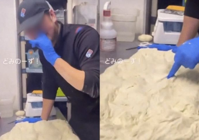 코를 후빈 손으로 피자 반죽을 만지작거린 일본 도미노피자 점원의 영상. 사진=엑스
