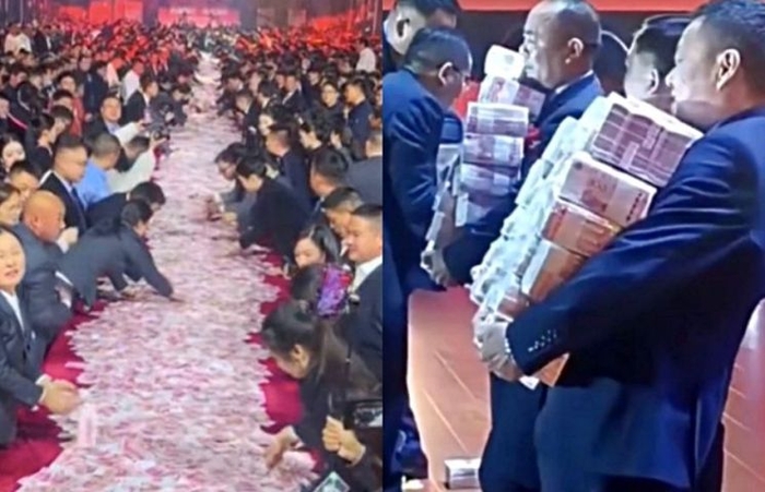 중국의 한 기업이 직원들에게 성과급을 현금으로 지급했다. 사진=웨이보 캡처