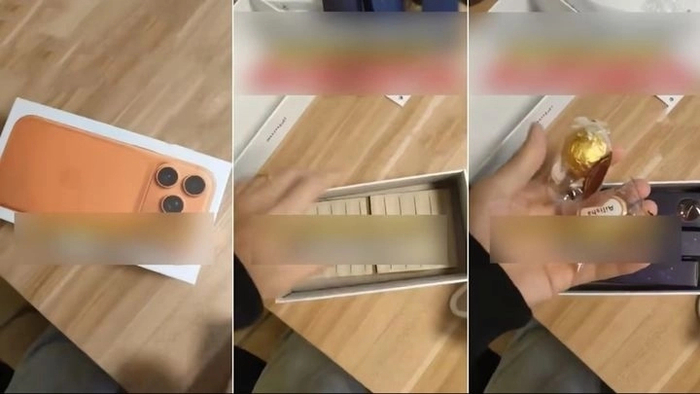 중국에서 한 남성이 회사 송년회에서 최신 아이폰에 당첨됐지만, 집에서 상자를 열어보니 타일과 초콜릿 등이 들어있었다며 황당한 사연을 전했다. 왼쪽부터 아이폰 상자, 타일, 초콜릿의 모습. 사진=웨이보 캡처