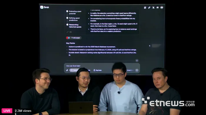 지난해 일론 머스크 테슬라 CEO(오른쪽 첫번째)와 xAI 직원들이 AI 모델 '그록3'를 설명하는 온라인 영상 캡처.