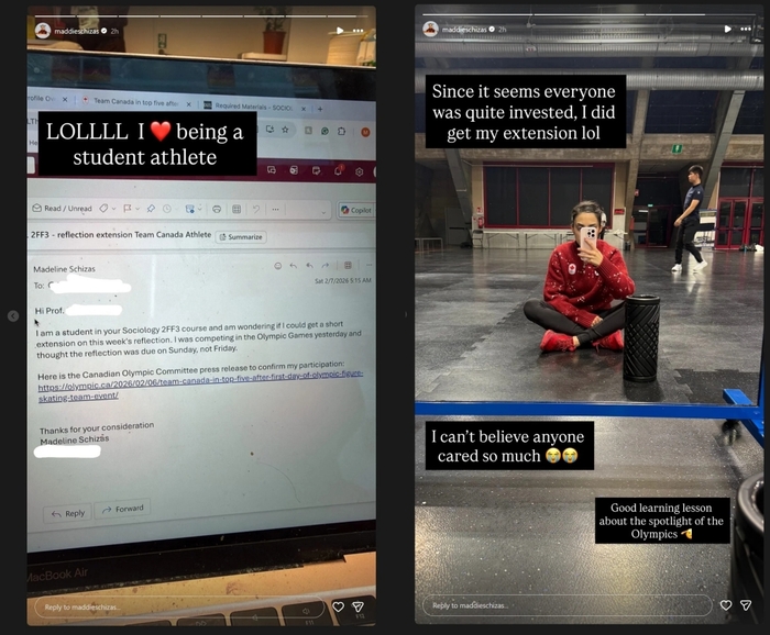 제25회 밀라노 코르티나 동계올림픽에 참가한 캐나다 피겨 국가대표선수 매들린 시자스가 대학교 교수에게 보낸 과제 연장 요청 메일. 사진=인스타그램 캡처
