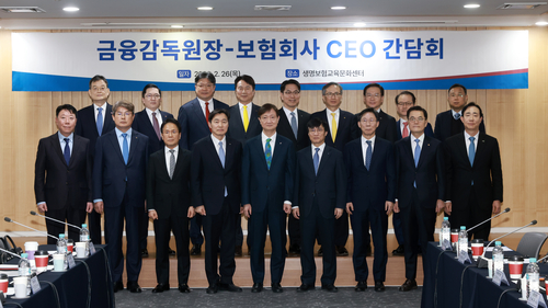 (앞줄 왼쪽부터) 이석현 현대해상 대표이사, 정종표 DB손해보험 대표이사, 이문화 삼성화재 대표이사, 이병래 손해보험협회장, 이찬진 금융감독원장, 김철주 생명보험협회장, 홍원학 삼성생명 대표이사, 이경근 한화생명 대표이사, 조대규 교보생명 대표이사 (뒷줄 왼쪽부터) 김대현 흥국화재 대표이사, 나채범 한화손해보험 대표이사, 김중현 메리츠화재 대표이사, 구본욱 KB손해보험 대표이사, 천상영 신한라이프 대표이사, 정문철 KB라이프 대표이사, 김재식 미래에셋생명 대표이사, 성대규 동양생명 대표이사, 서영일 금융감독원 보험 부원장보(사진=금융감독원)