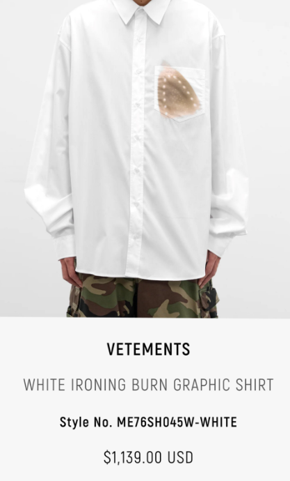 프랑스의 한 명품 패션 브랜드가 다림질하다 태운 듯한 디자인의 셔츠를 약 160만원대에 내놓아 화제를 모으고 있다. 사진=엑스