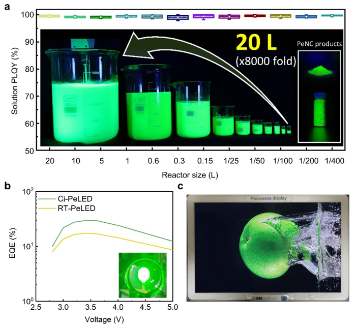 저온주입법을 활용한 페로브스카이트 나노결정의 대량 합성 구현도(위). 아래는 페로브스카이트 나노결정 색변환 필름이 장착된 태블릿 디스플레이. (이태우 교수)
