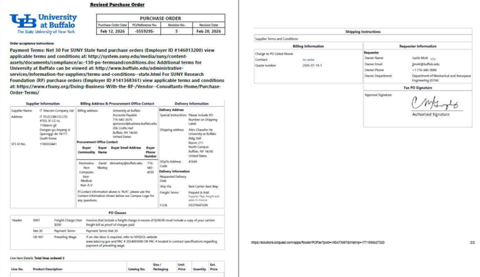 아이티텔레콤이 미국 뉴욕주립 버팔로대(UB)로부터 받은 주문요청서(PO). 〈자료 아이티텔레콤 제공〉