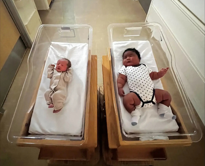 지난달 31일(현지시간) 미국 뉴욕주에서 5.9kg으로 태어난 숀 주니어(오른쪽). 같은 날 1.8kg으로 태어난 마고와 나란히 신생아 베드에 누워있다. 사진=핼러스 헬스 / 카유가 메디컬센터