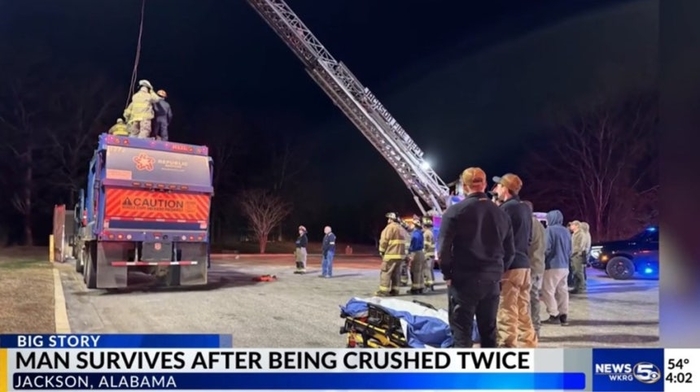 쓰레기통에서 잠 자다 압축기에 깔린 노숙자가 큰 부상 없이 살아남았다. 사진=WKRG 방송 캡처