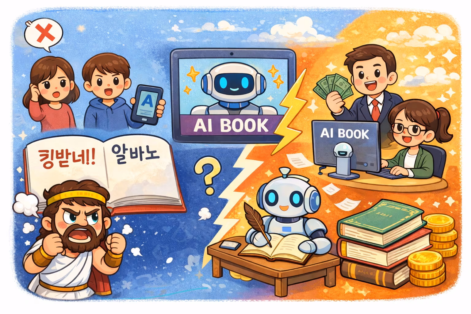 AI 출판을 둘러싼 상반된 입장. /챗GPT 제작