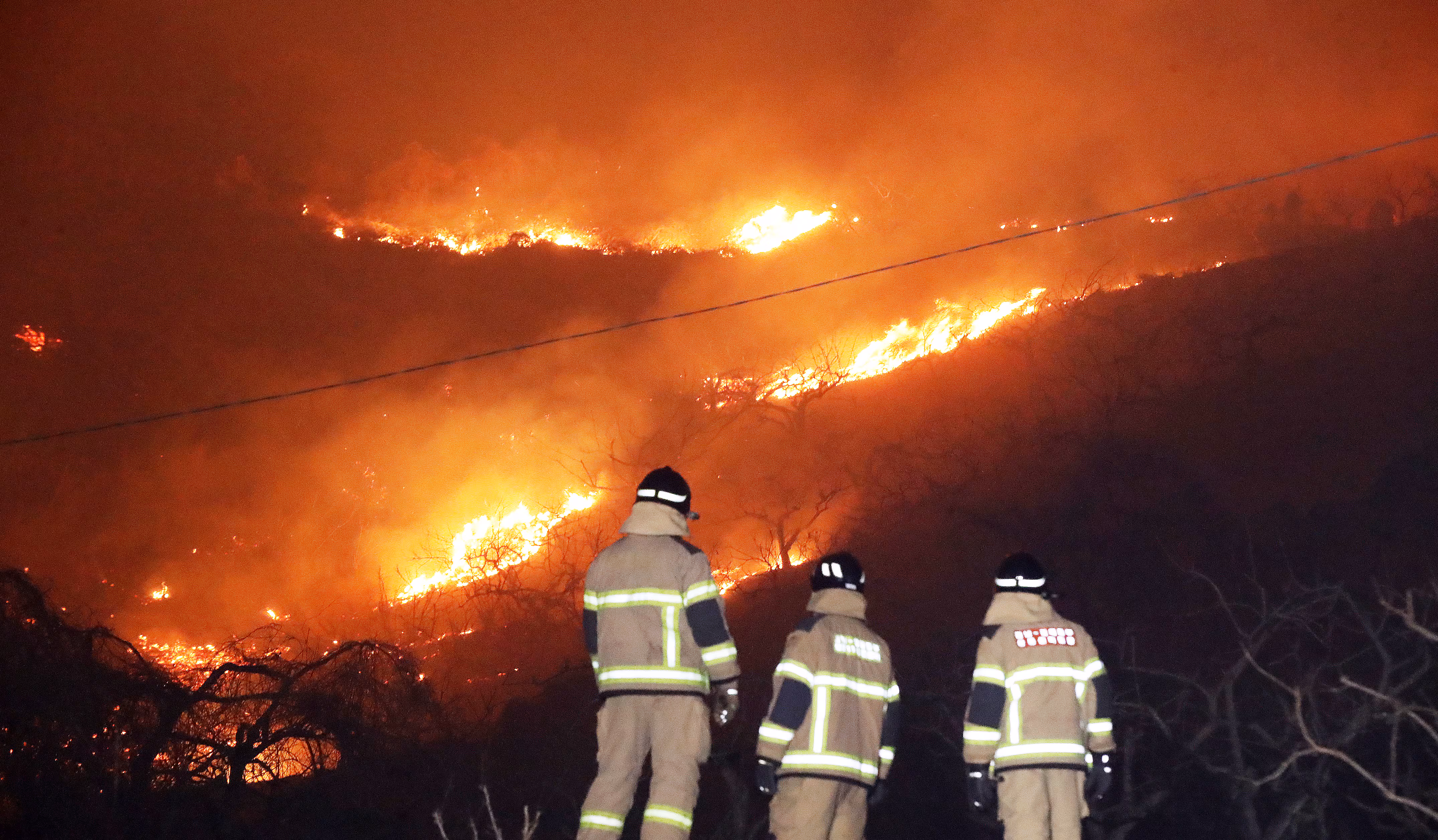 23일 오후 경남 밀양 삼랑진읍 검세리 한 야산에서 발생한 산불이 강풍에 확산되고 있다. /뉴스1