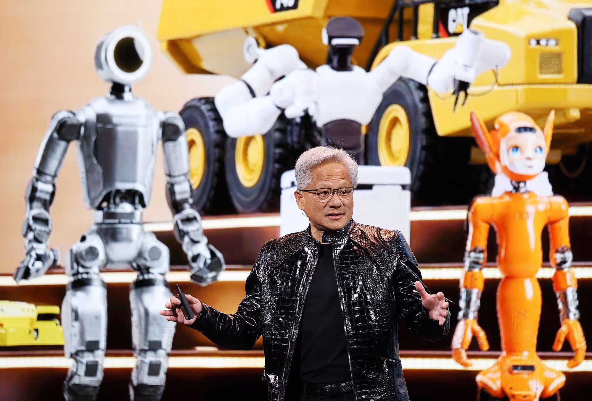 젠슨 황 엔비디아 CEO가 지난달 5일(현지시간) 미국 네바다주 라스베이거스 퐁텐블로 호텔에서 열린 엔비디아 CES 2026 라이브에서 로봇 관련 기조연설을 하고 있다. /뉴스1
