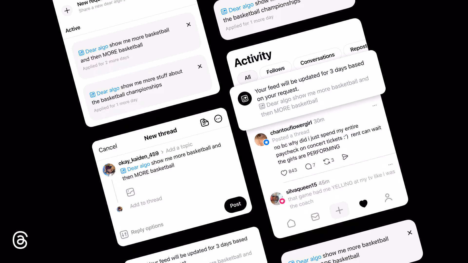 페이스북 모회사 메타는 이용자가 직접 스레드의 피드에 뜨는 게시물을 개인화할 수 있는 알고리즘 추천 기능 '디어 알고(Dear Algo)'를 도입했다. / 메타 제공