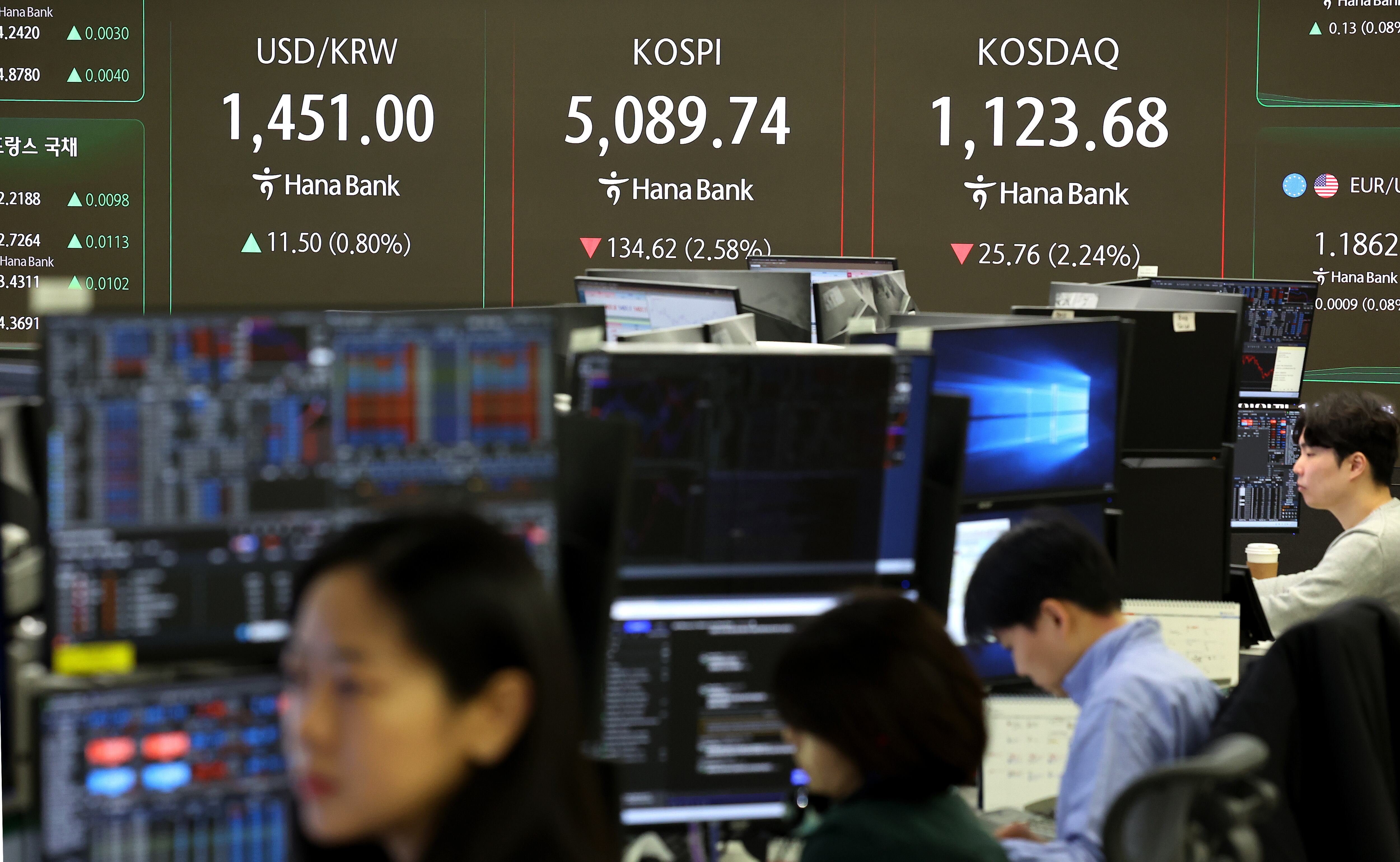 2일 서울 중구 하나은행 딜링룸 현황판에 원·달러 환율 등이 표시되고 있다./연합뉴스