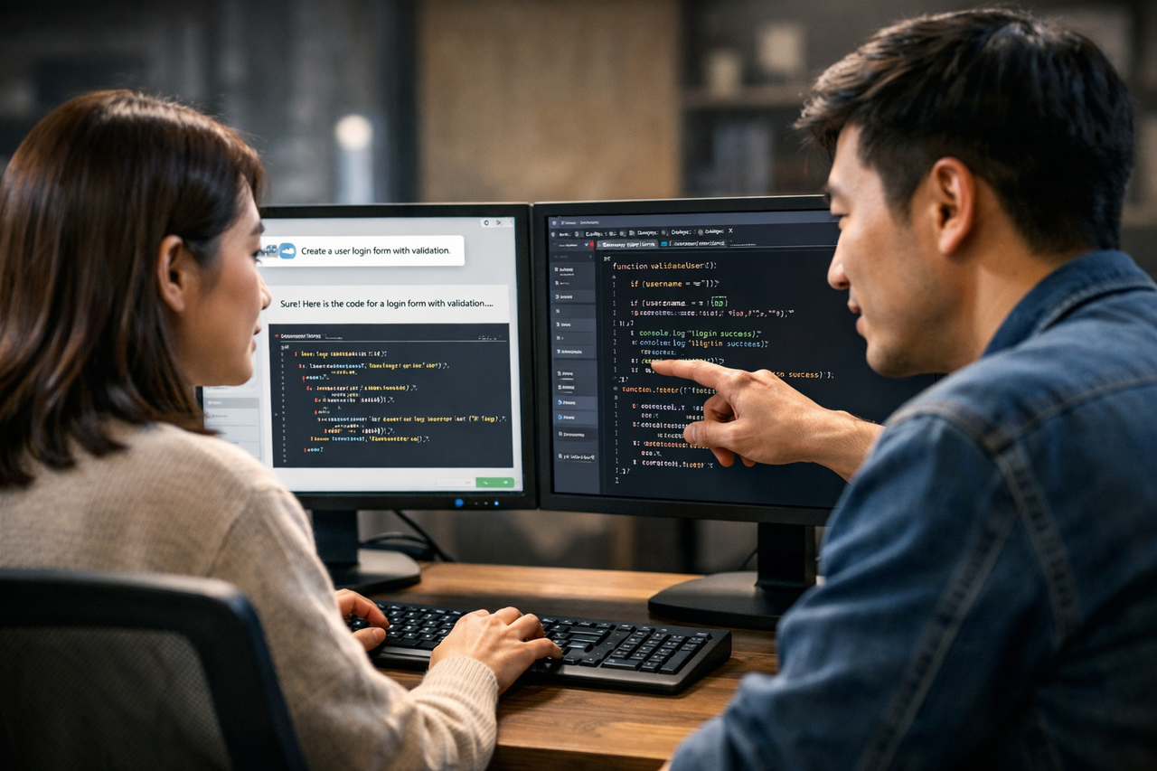 생성형 AI로 코드를 작성하는 비개발자와, 이를 옆에서 점검·가이드하는 개발자의 협업 모습 / 챗GPT 생성 이미지