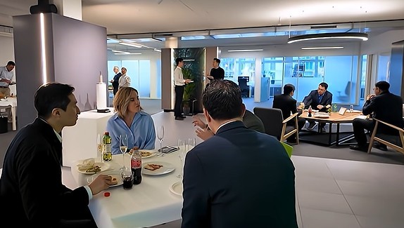 정기선 HD현대 회장이 깜짝 ‘피자파티’ 제안을 받아 들이며 해외 법인 직원과도 소통 경영에 나섰다. / HD현대