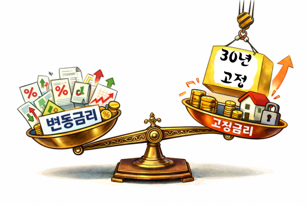 지난해 말 주택담보대출 잔액 기준 비중은 고정금리 65.6%, 변동금리 34.4%이다. /ChatGPT