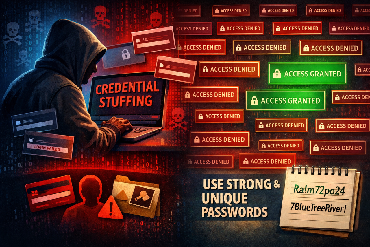 유출된 계정 정보를 자동 대입해 다수 사이트에 무차별 로그인 시도를 하는 ‘크리덴셜 스터핑’ 공격을 형상화한 이미지. / 챗GPT 생성