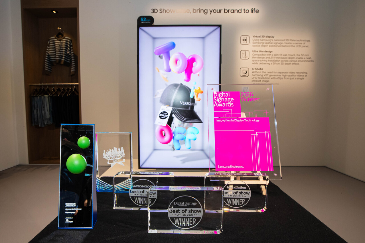 삼성전자 초슬림 무안경 3D 디스플레이 '삼성 스페이셜 사이니지'가 3일부터 6일까지(현지시간) 스페인 바르셀로나에서 열린 유럽 최대 디스플레이 전시회 'ISE 2026'에서 '최고의 제품상(Best of Show at ISE)'을 포함해 총 6관왕에 올랐다. / 삼성전자