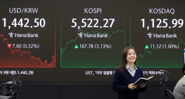 12일 서울 중구 하나은행 딜링룸 전광판에 종가가 표시되고 있다. / 뉴스1