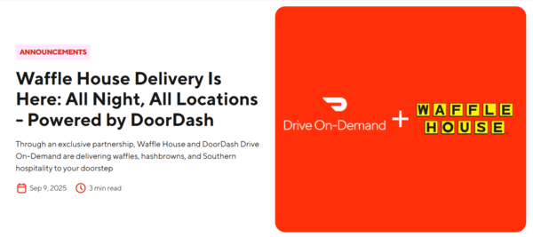 미국 배달 플랫폼 1위 업체 도어대시가 지난해 9월 체결한 레스토랑 프랜차이즈 와플하우스와의 심야 시간대 독점 계약 공지. [사진: 도어대시 홈페이지]