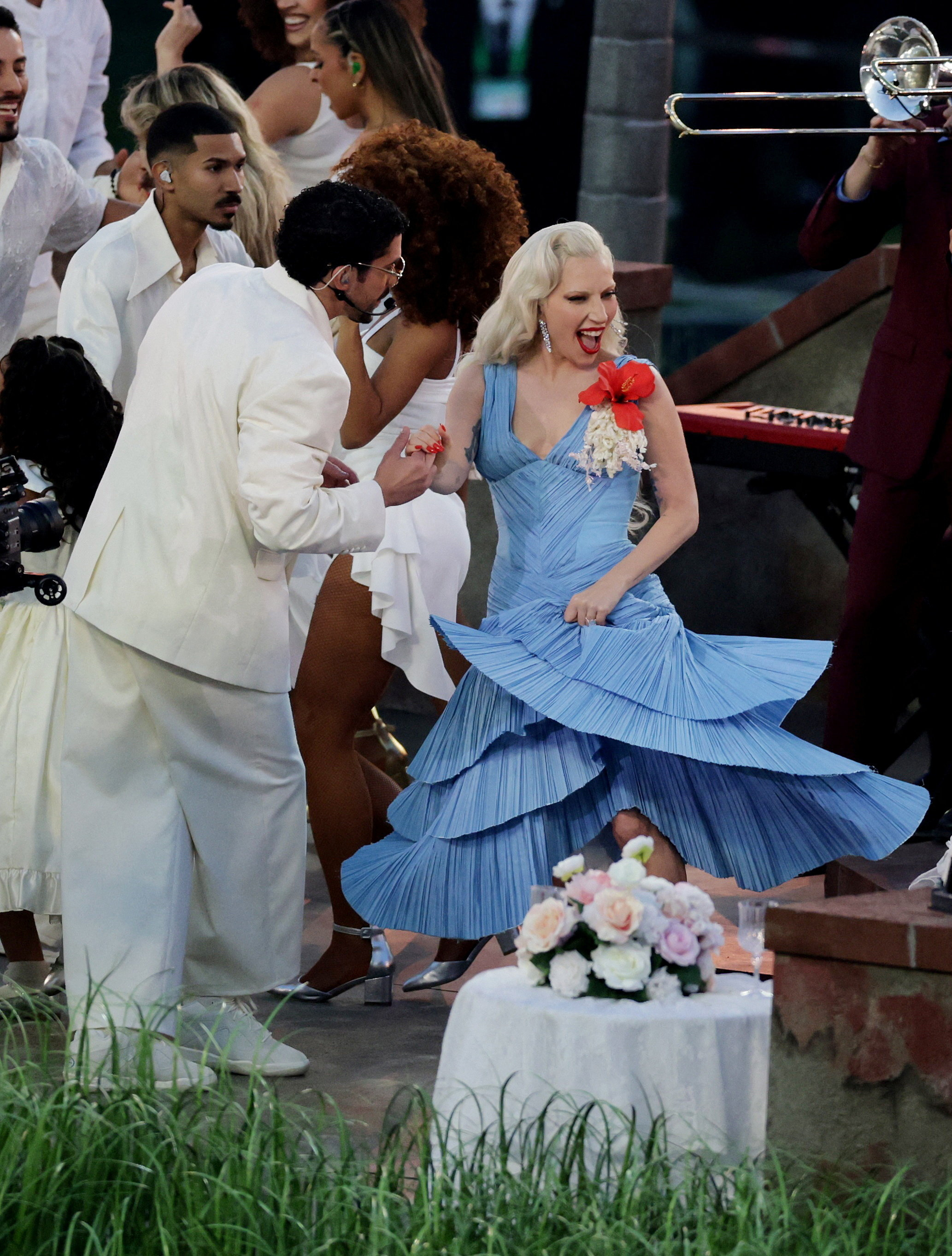 Super Bowl LX - Half-Time Show - New England Patriots v Seattle Seahawks - Levi's Stadium, Santa Clara, California, United States - February 8, 2026 Lady Gaga and Bad Bunny perform during the halftime show REUTERS/Jeenah Moon