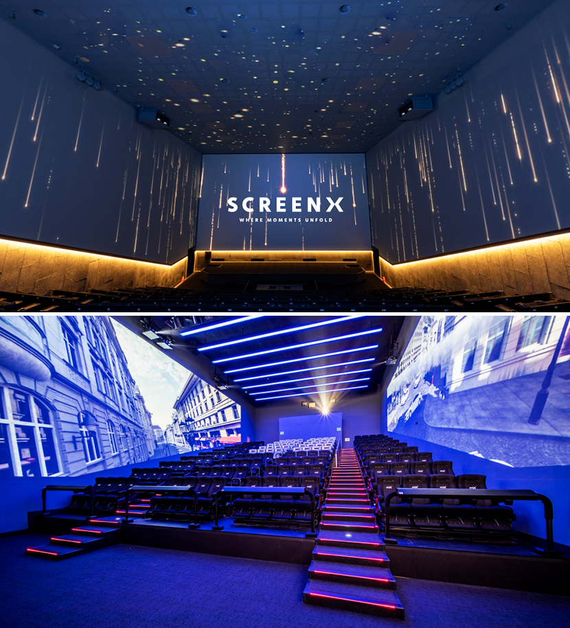 CGV용산아이파크몰 4면 SCREENX(위) / CGV용산아이파크몰 ULTRA 4DX 상영관(아래) 내부 전경.