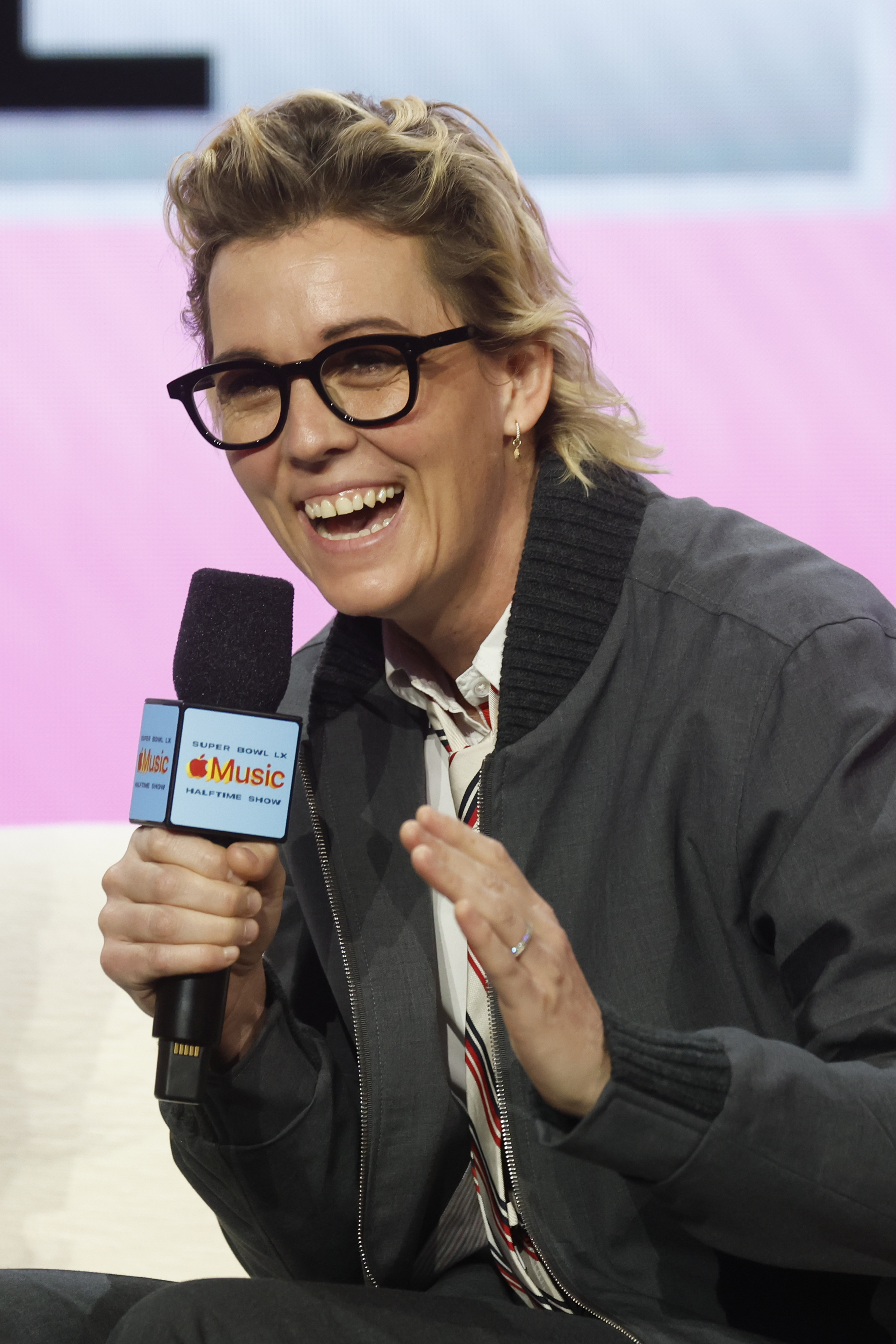 American singer-songwriter Brandi Carlile speaks during the Super Bowl LX Pregame + Apple Music Halftime Show Press Conference in the days leading up to Super Bowl LX in San Francisco on Thursday, February 5, 2026. The New England Patriots will play the Seattle Seahawks in Super Bowl LX at Levi's Stadium in Santa Clara on Sunday, February 8, 2026. Photo by John Angelillo/UPI