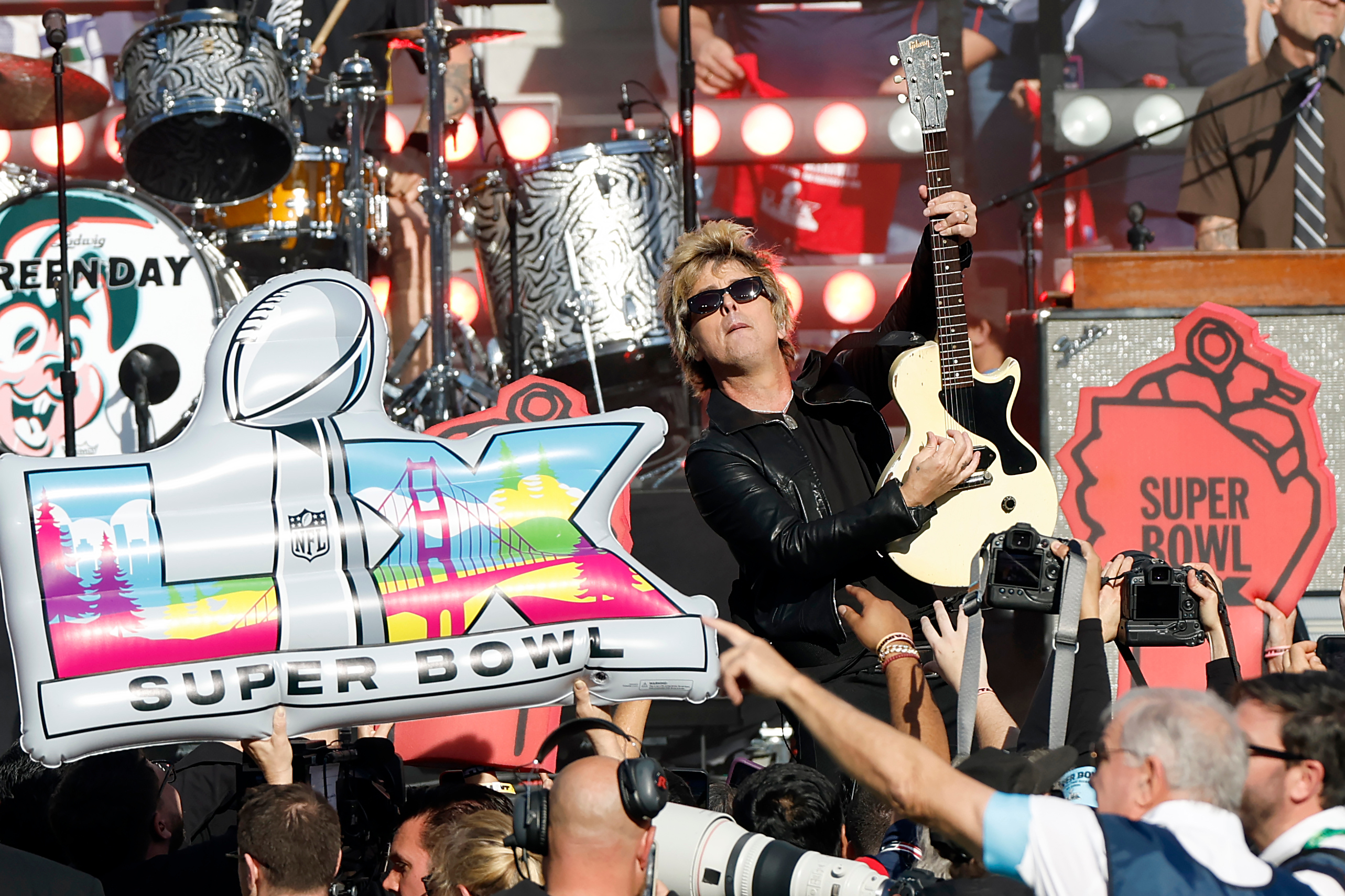 Green Day's Billy Joe Armstrong performs during pregame festivities for the NFL Super Bowl 60 football gamebetween the Seattle Seahawks and New England Patriots in Santa Clara, Calif., Sunday, Feb. 8, 2026. (Carlos Avila Gonzalez/San Francisco Chronicle via AP)