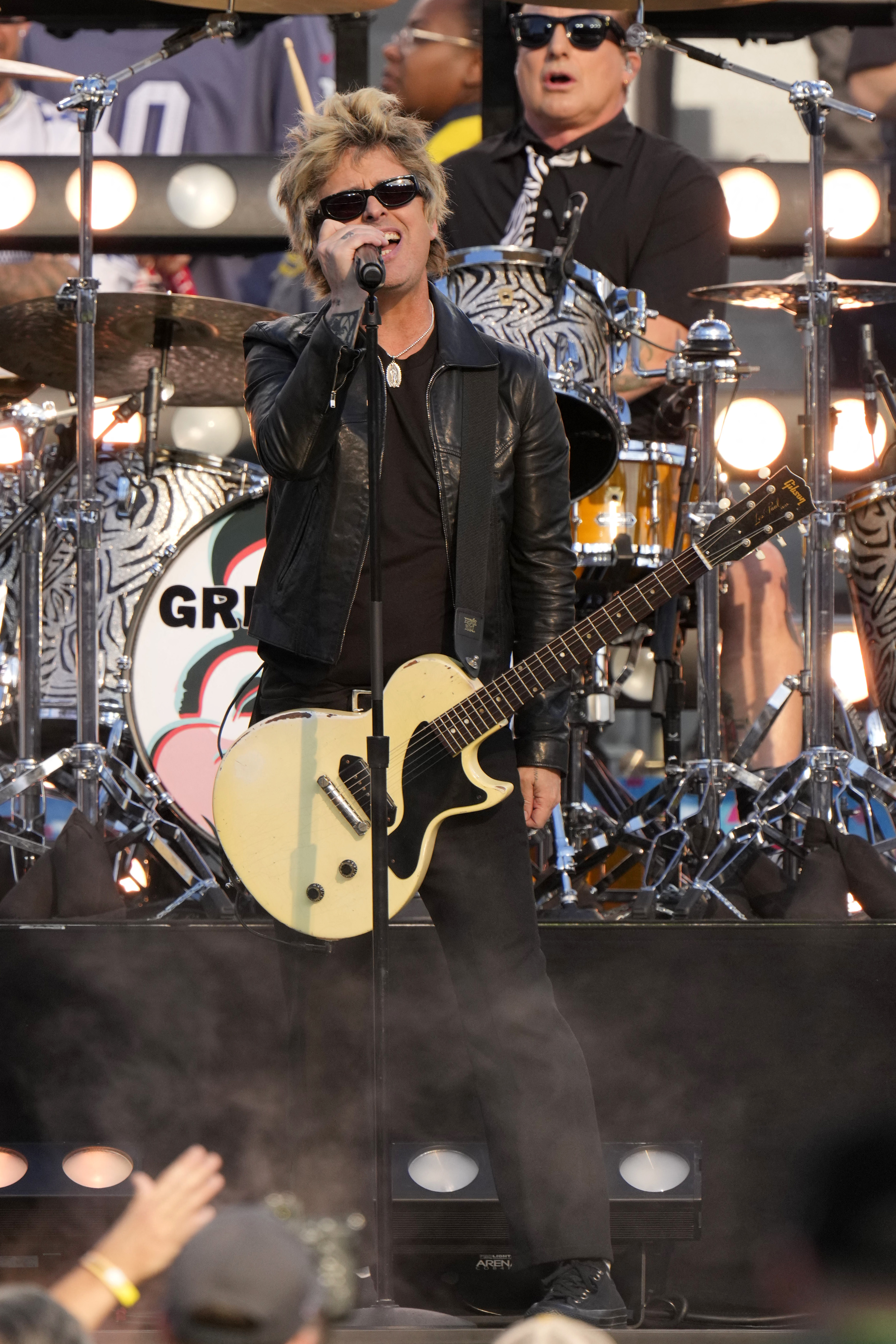 Feb 8, 2026; Santa Clara, CA, USA; Green Day performs before Super Bowl LX between the Seattle Seahawks and the New England Patriots at Levi's Stadium. Mandatory Credit: Kyle Terada-Imagn Images