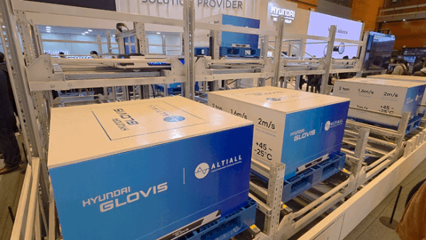 A Hyundai Glovis robot being demonstrated at the 2026 Smart Factory & Automation Industry Exhibition (AW 2026) held at COEX in Seoul on Wednesday