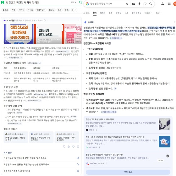 Search results for “difference between resident registration report and confirmed date” on Naver (left) and Google. / Courtesy of Naver and Google