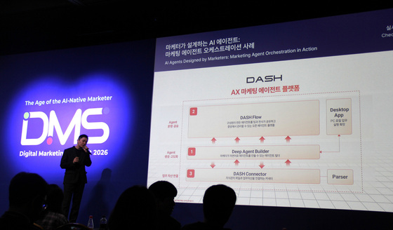 Lee Sung-jae, CSO of HSAD, explains the DASH Ecosystem—which encompasses agent creation, operation, and data integration—with a focus on the agent-based marketing platform DASH at the Digital Marketing Summit (DMS) 2026 held at COEX in Seoul on Wednesday.