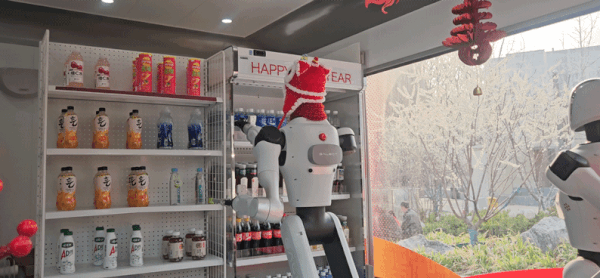 A humanoid robot G1 picks up a beverage order at an unmanned convenience store. / Courtesy of Galbot
