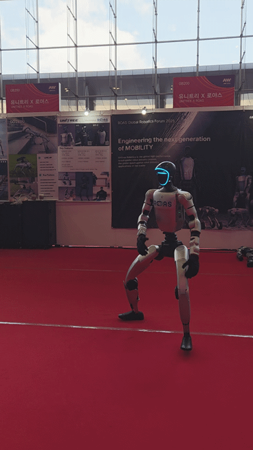 Unitree\'s robot G1 on display at the 2026 Smart Factory & Automation Industry Exhibition (AW 2026) held at COEX in Seoul on Wednesday