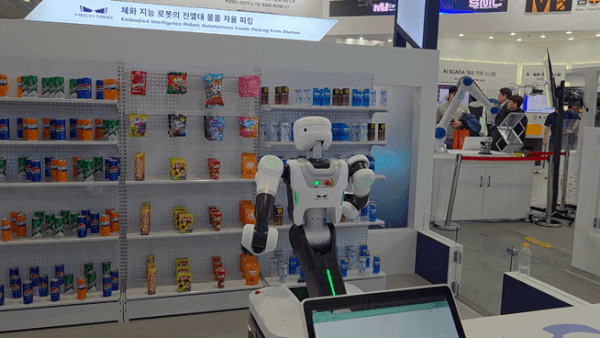 Demonstration of Autonomous Picking of Display Shelf Items by Embodied Intelligence Robots by China\'s Mech-Mind Robotics at the 2026 Smart Factory & Automation Industry Exhibition (AW 2026) held at COEX in Seoul on Wednesday