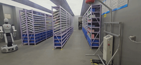 A Galbot G1 humanoid robot moves toward shelves after receiving a medical device order. / Courtesy of Galbot