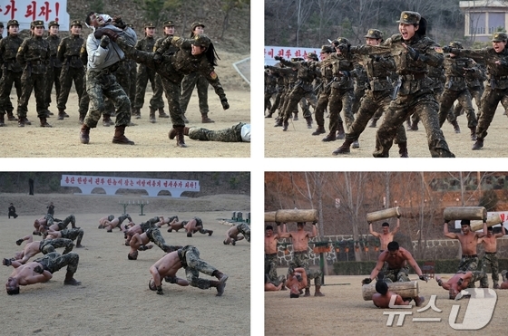 Members of a special operations unit directly under the Operations Bureau of the General Staff of the Korean People\'s Army are conducting a demonstration drill in front of Kim Jong Un, General Secretary of the Workers\' Party of Korea / Rodong Sinmun