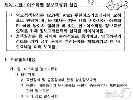 A diplomatic document from 1995 confirms that South Korea and Israel discussed establishing a government-wide intelligence exchange committee / Provided by Ministry of Foreign Affairs