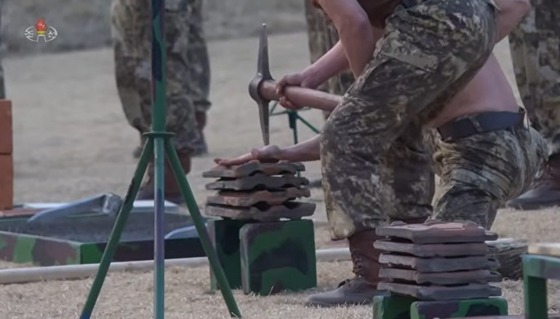 On March 29, Korean Central Television reported on a demonstration performed by combatants in front of Kim Jong Un, General Secretary of the Workers\' Party of Korea. The scene of a hand on a roof tile being struck with a sickle / Capture from Korean Central Television (KCTV)