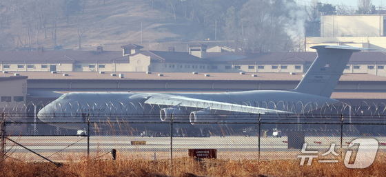 A C-5 transport aircraft is parked at Osan Air Base in Pyeongtaek, Gyeonggi Province, on March 8 2026.3.8 / News1